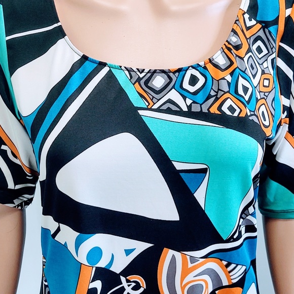 EUC KATHERINE BARCLAY GEOMETRIC BLACK/WHITE/GREEN POLY/SPANDEX SHEATH DRESS S/P - Picture 5 of 8